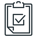 a black line drawing of a clipboard with a check mark