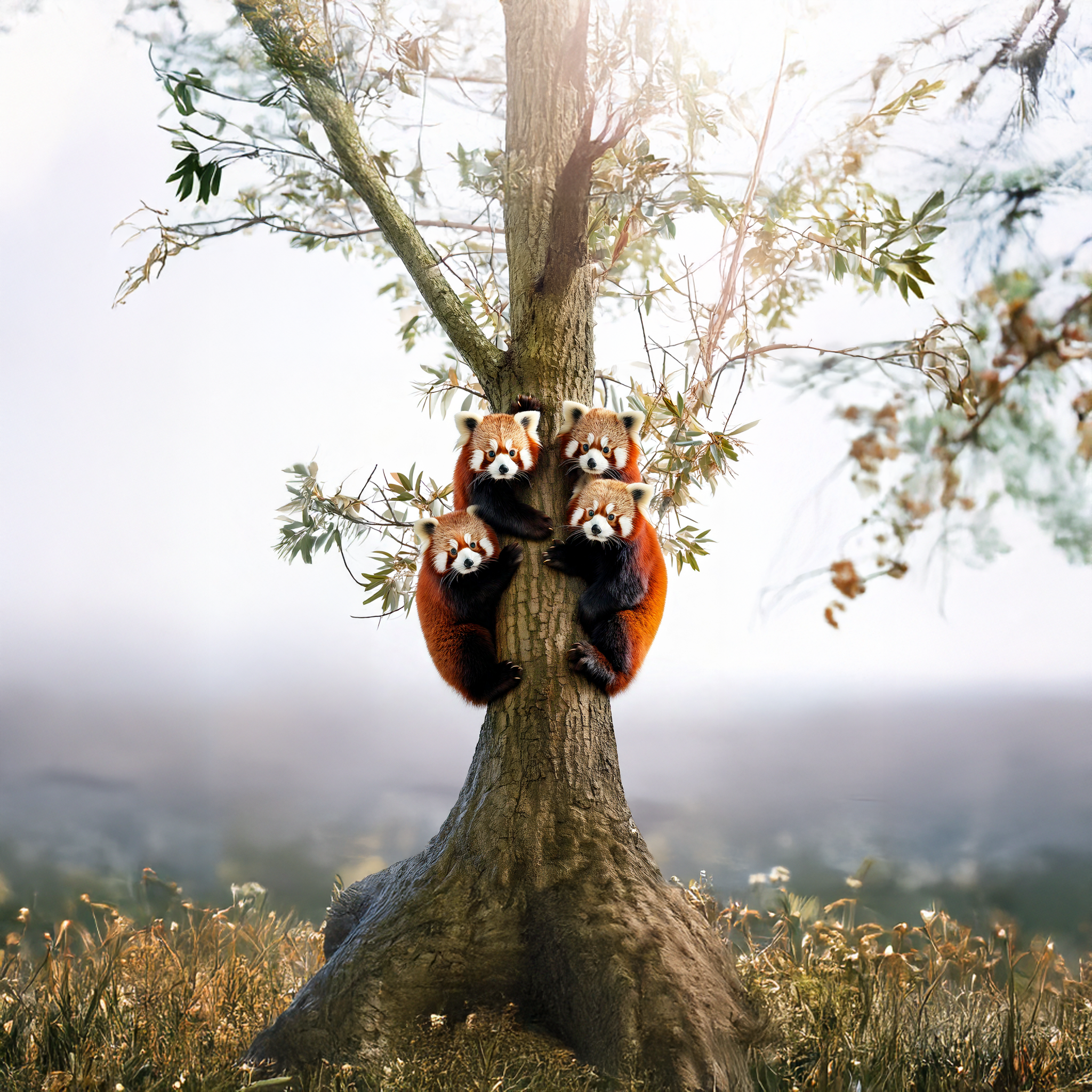 a group of pandas hugging a tree