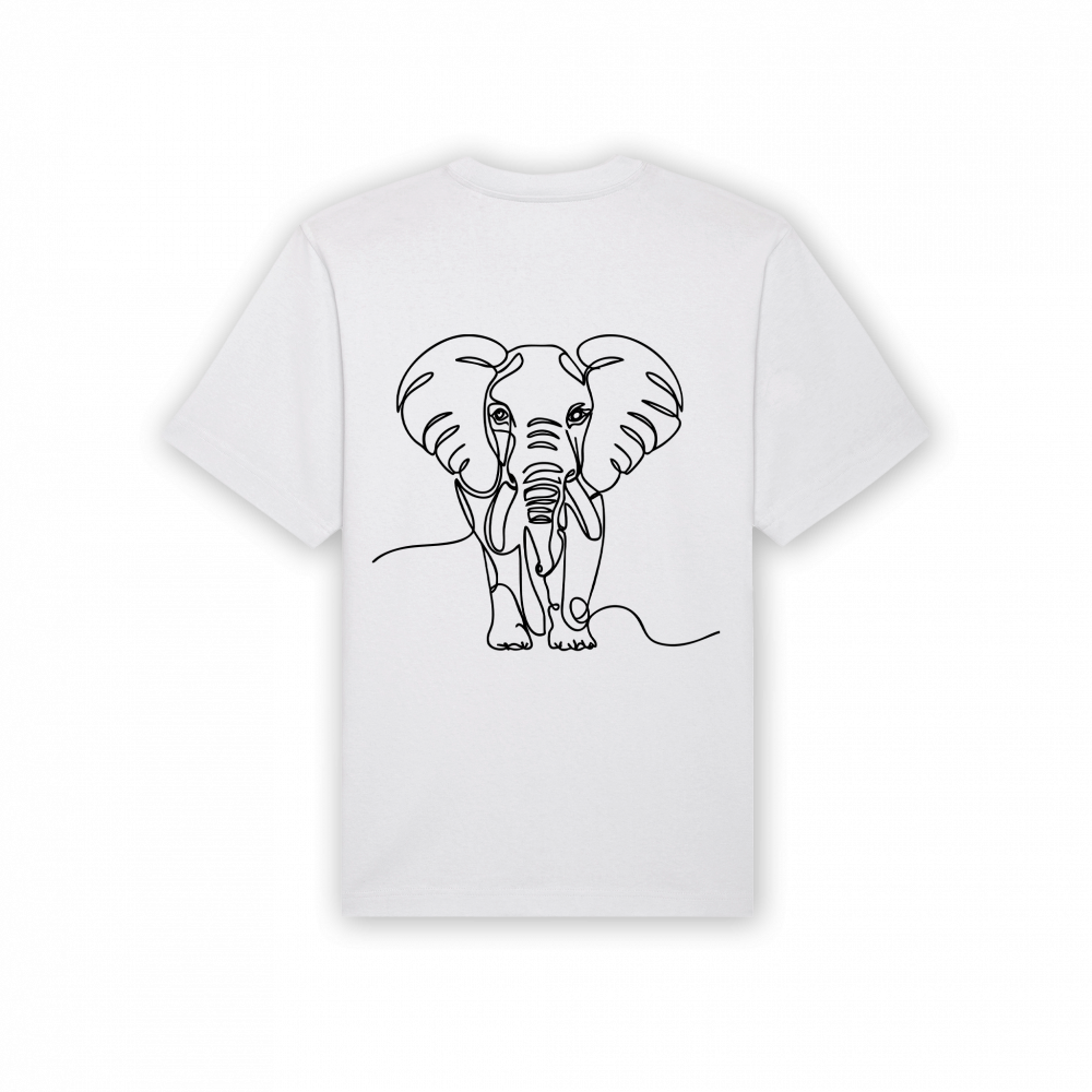 a white shirt with a drawing of an elephant on it