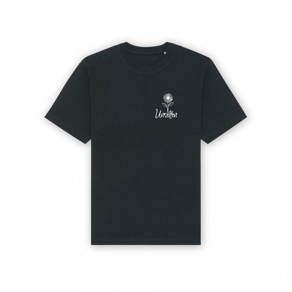 a black t-shirt with white text