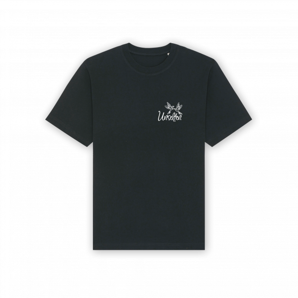 a black t-shirt with white text