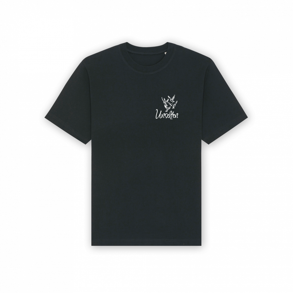 a black t-shirt with white text