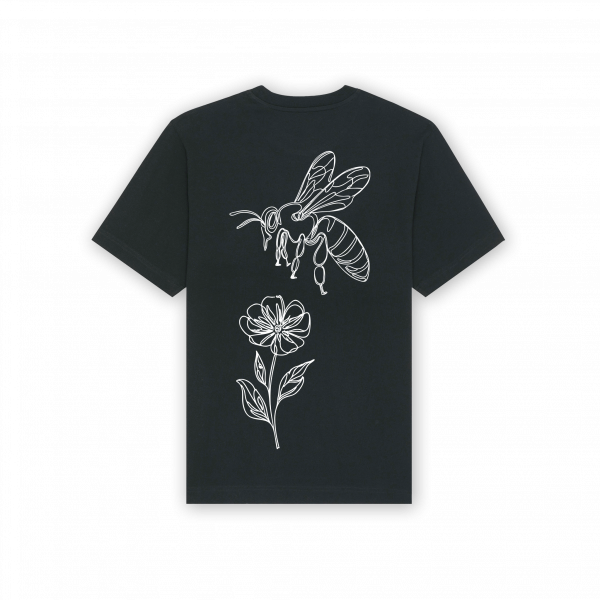 a black shirt with a bee and flower