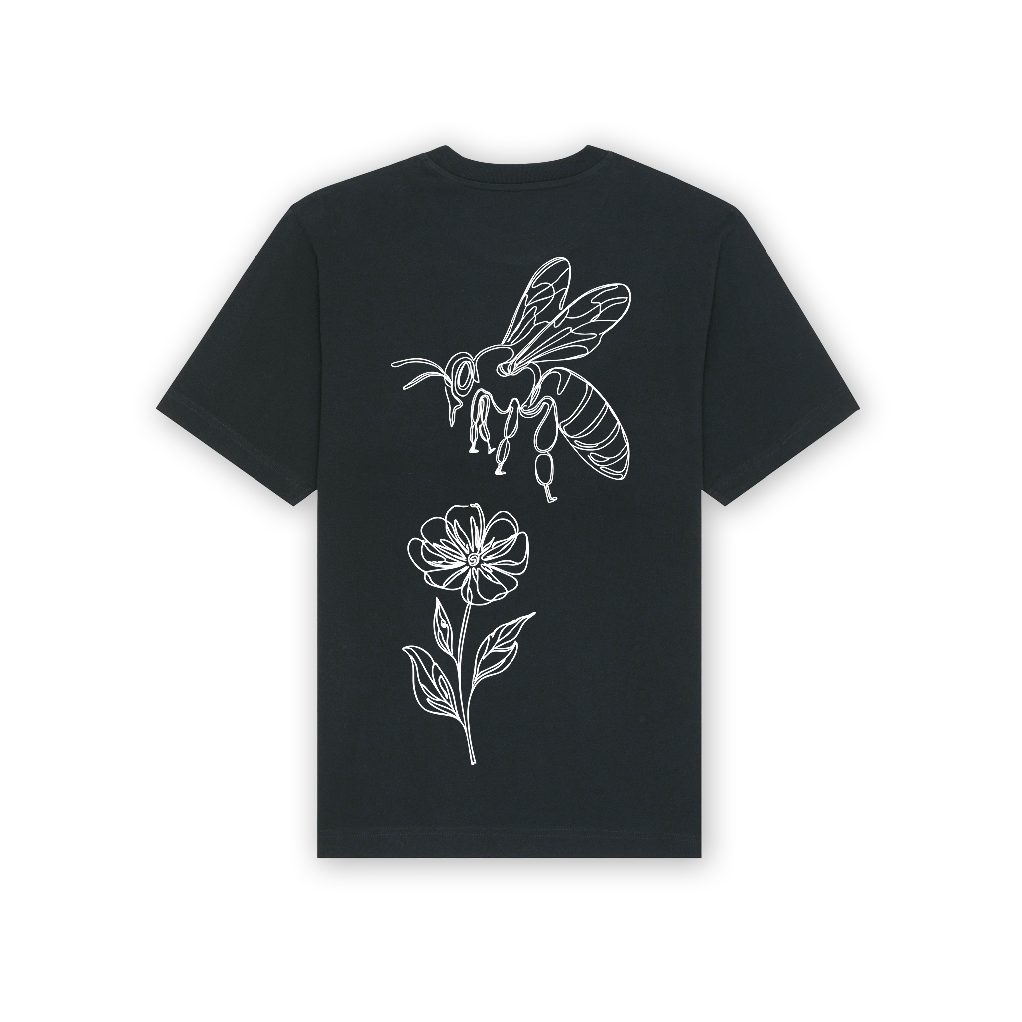 a black shirt with a bee and flower