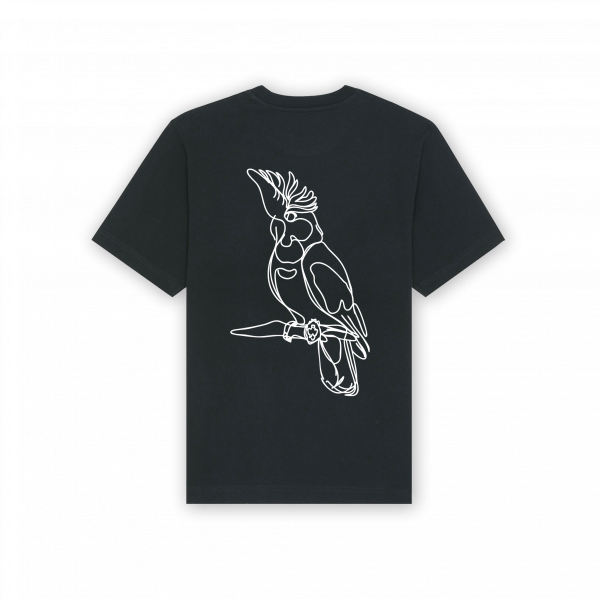 a black shirt with white bird on it