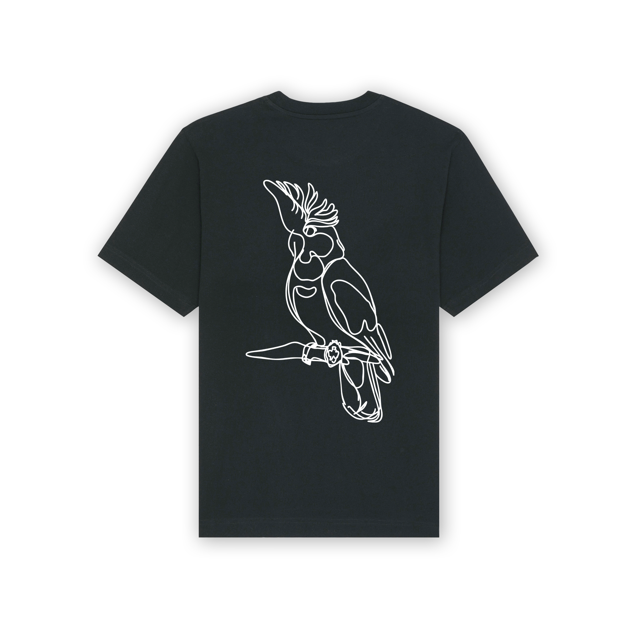 a black shirt with white bird on it