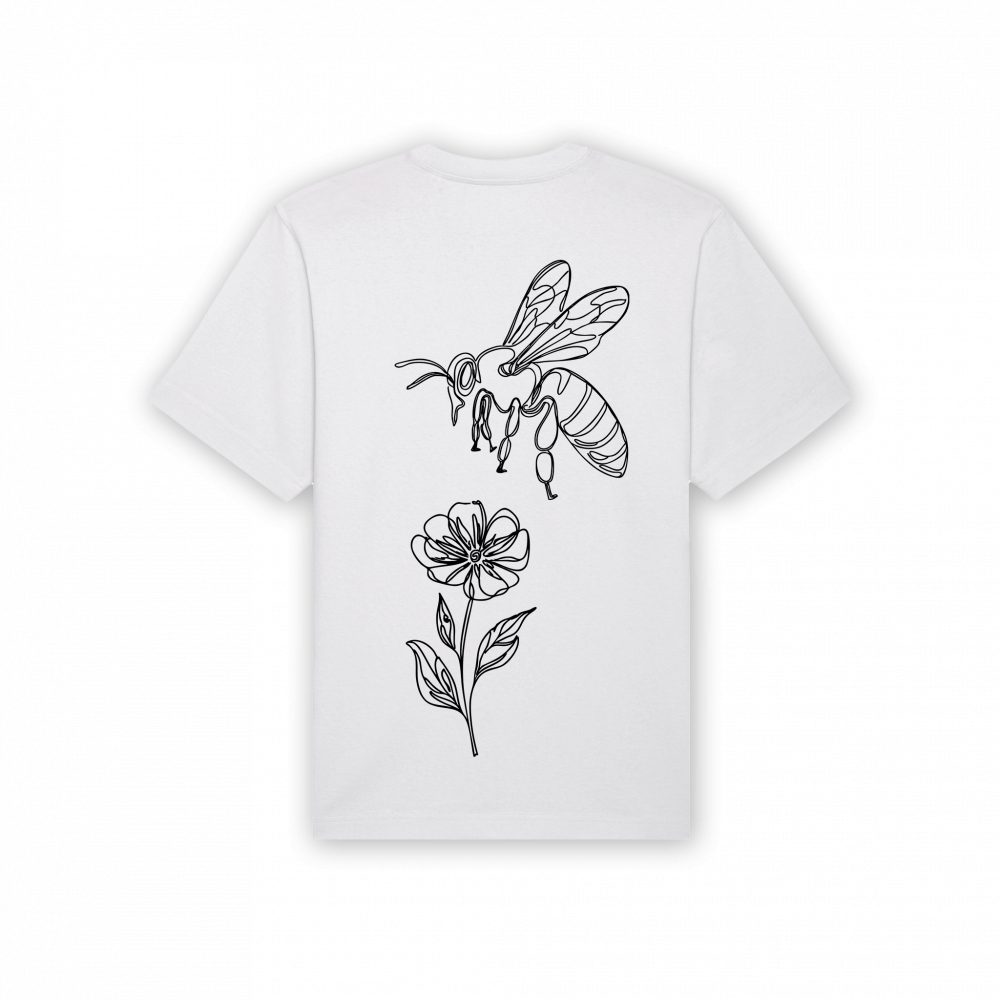 a white t-shirt with a bee on it