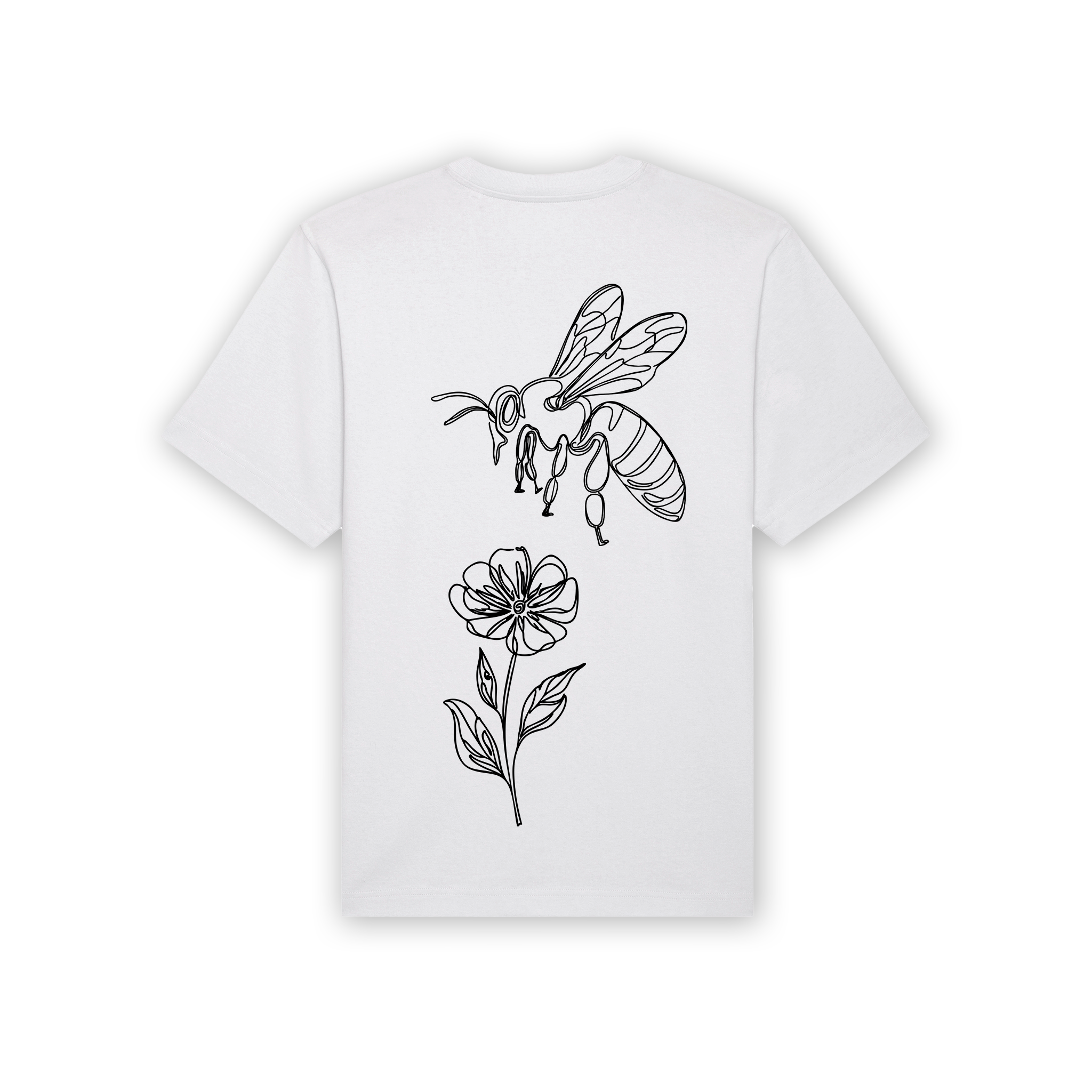 a white t-shirt with a bee on it