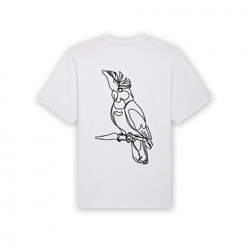 a white t-shirt with a drawing of a parrot