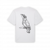 a white t-shirt with a drawing of a parrot