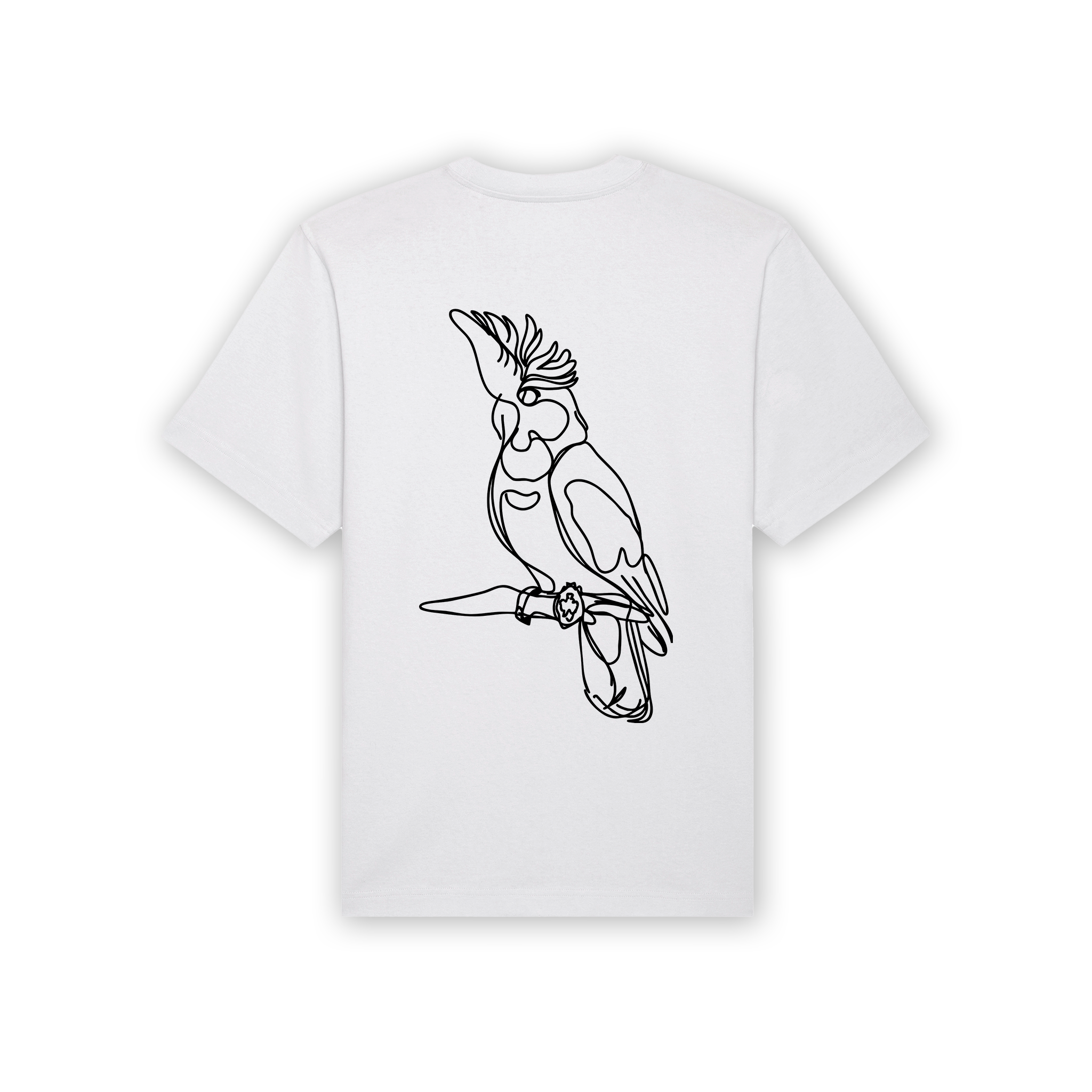 a white t-shirt with a drawing of a parrot