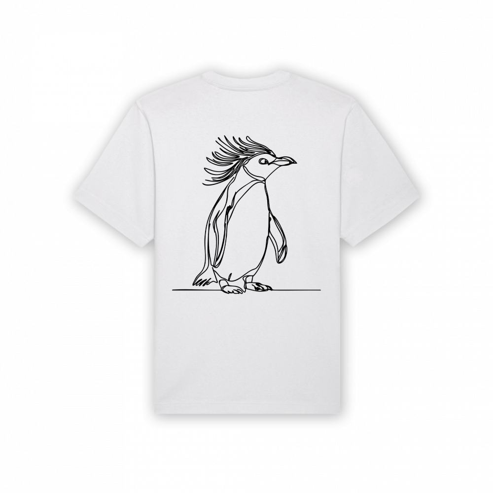 a white shirt with a drawing of a penguin on it