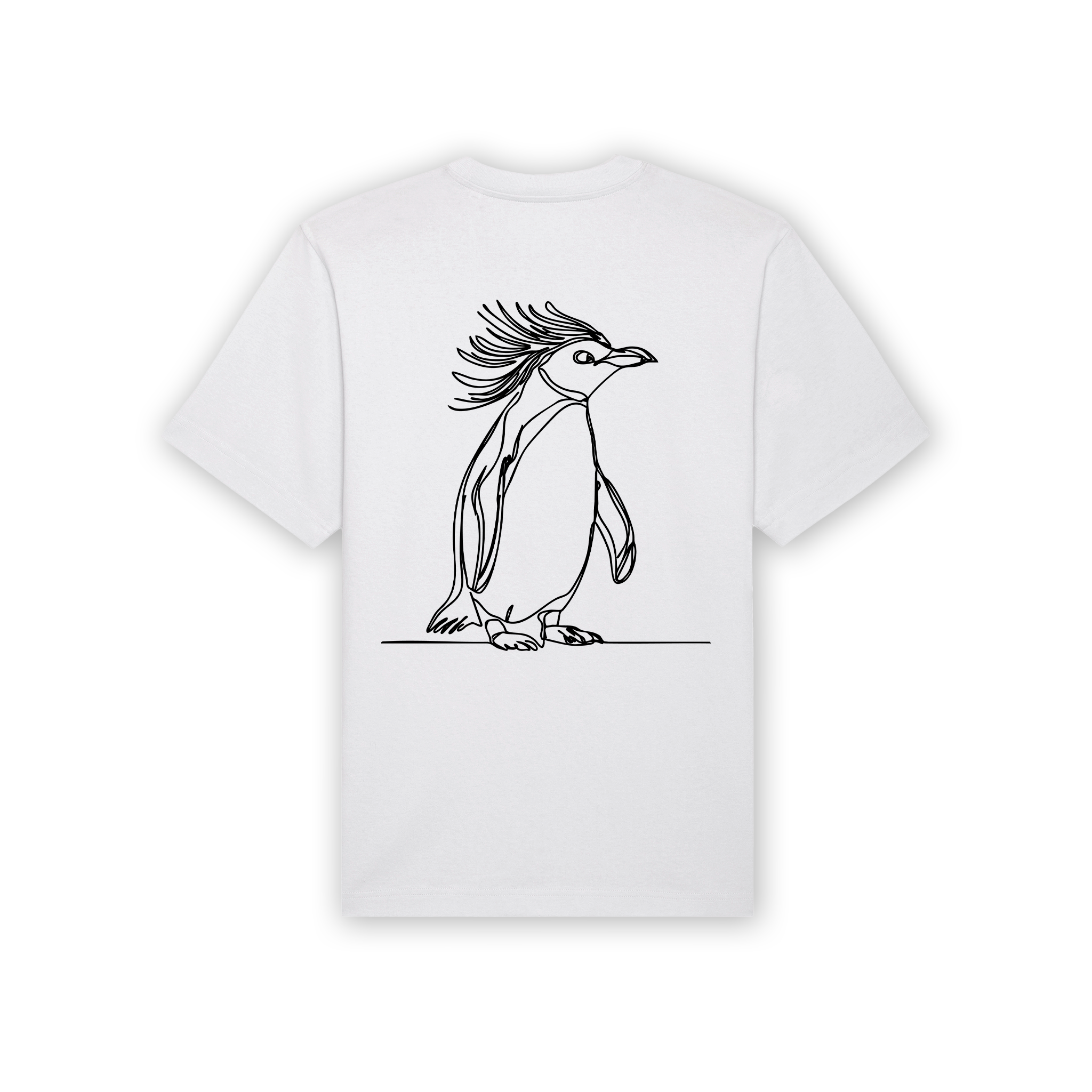 a white shirt with a drawing of a penguin on it