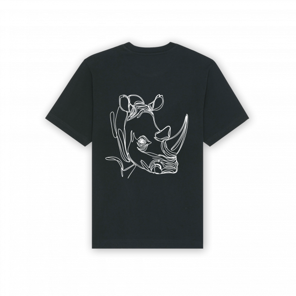 a black t-shirt with a white rhinoceros face on it