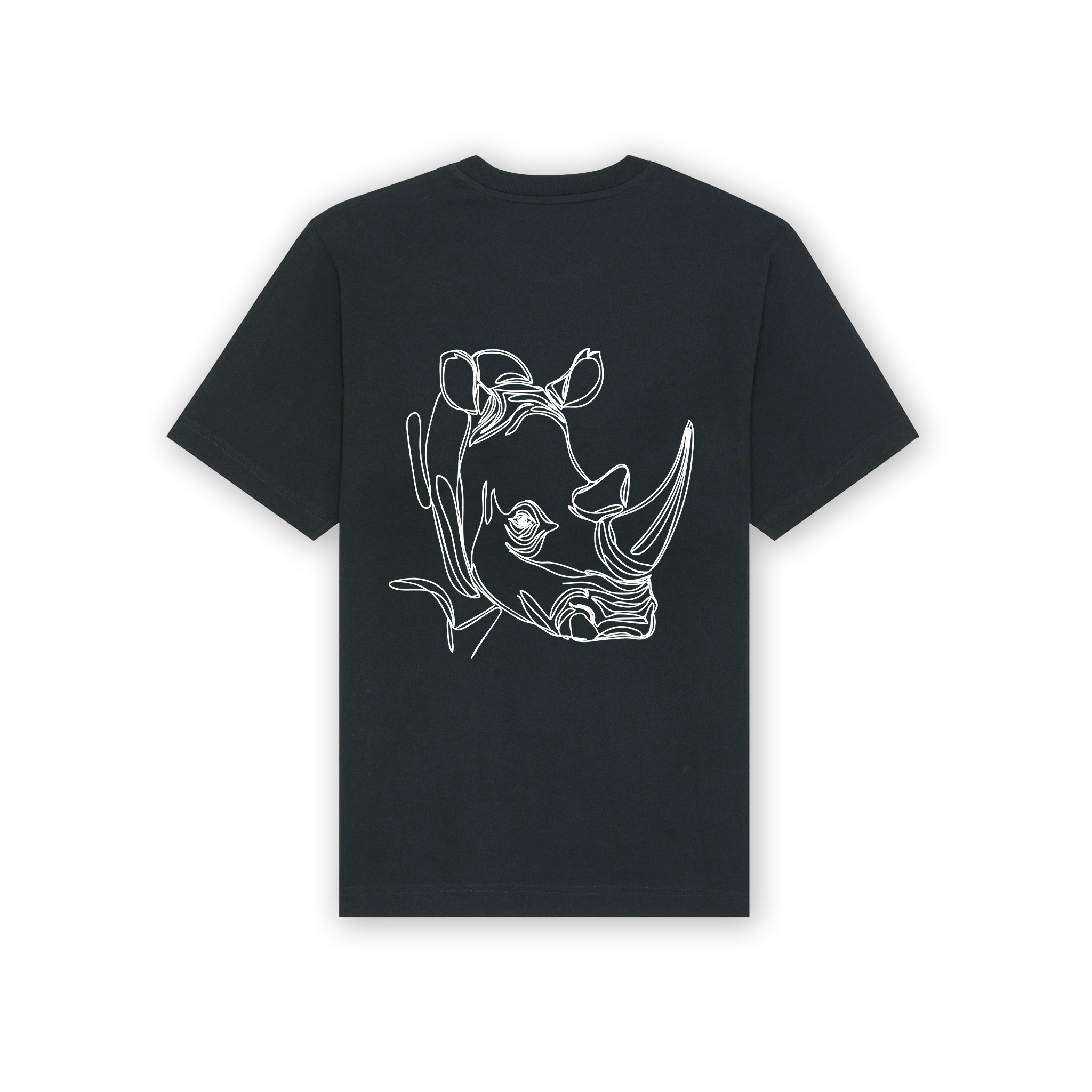 a black t-shirt with a white rhinoceros face on it