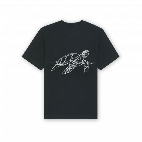 a back of a black shirt with a turtle on it