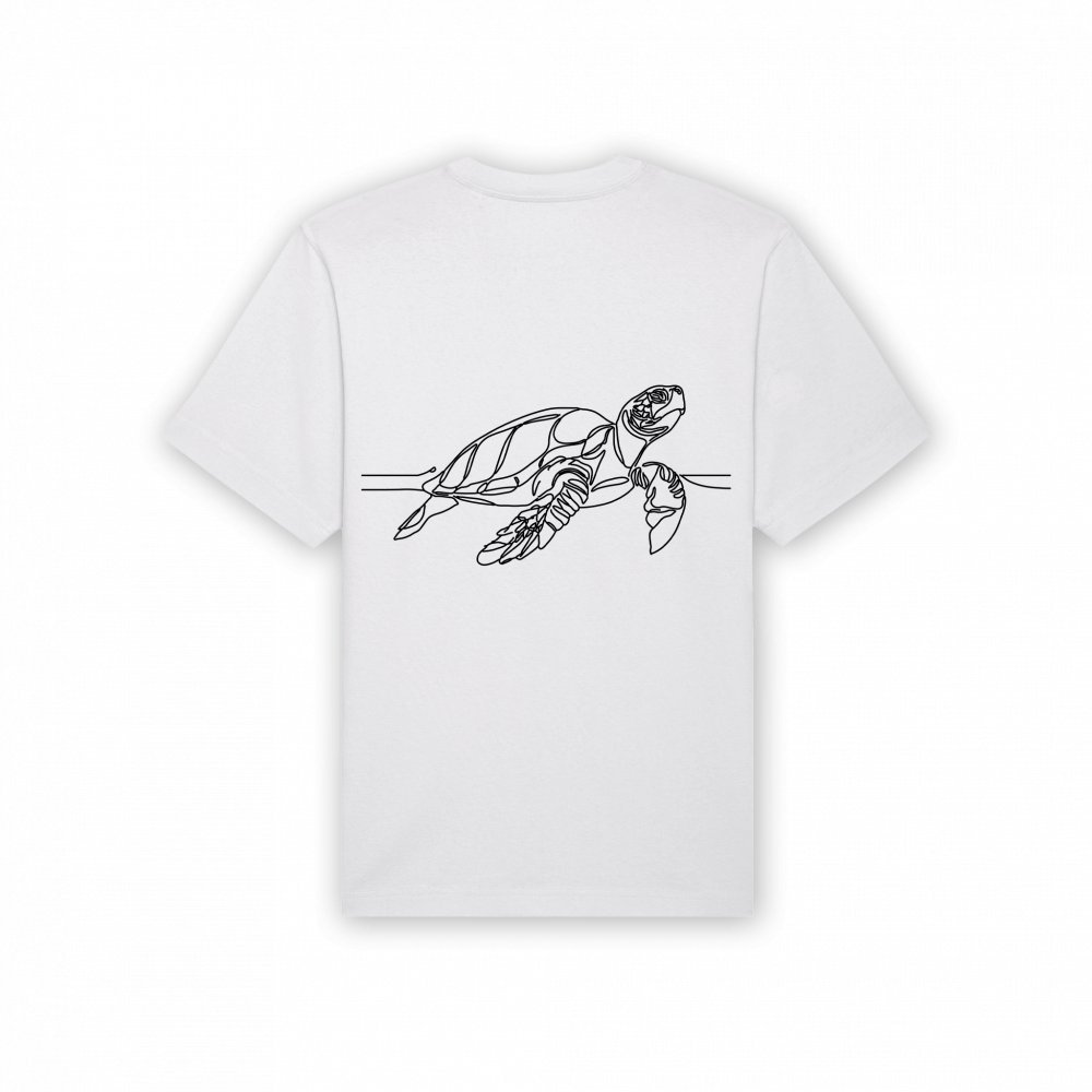 a white t-shirt with a turtle on it