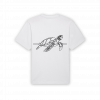 a white t-shirt with a turtle on it