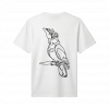 a white t-shirt with a drawing of a parrot