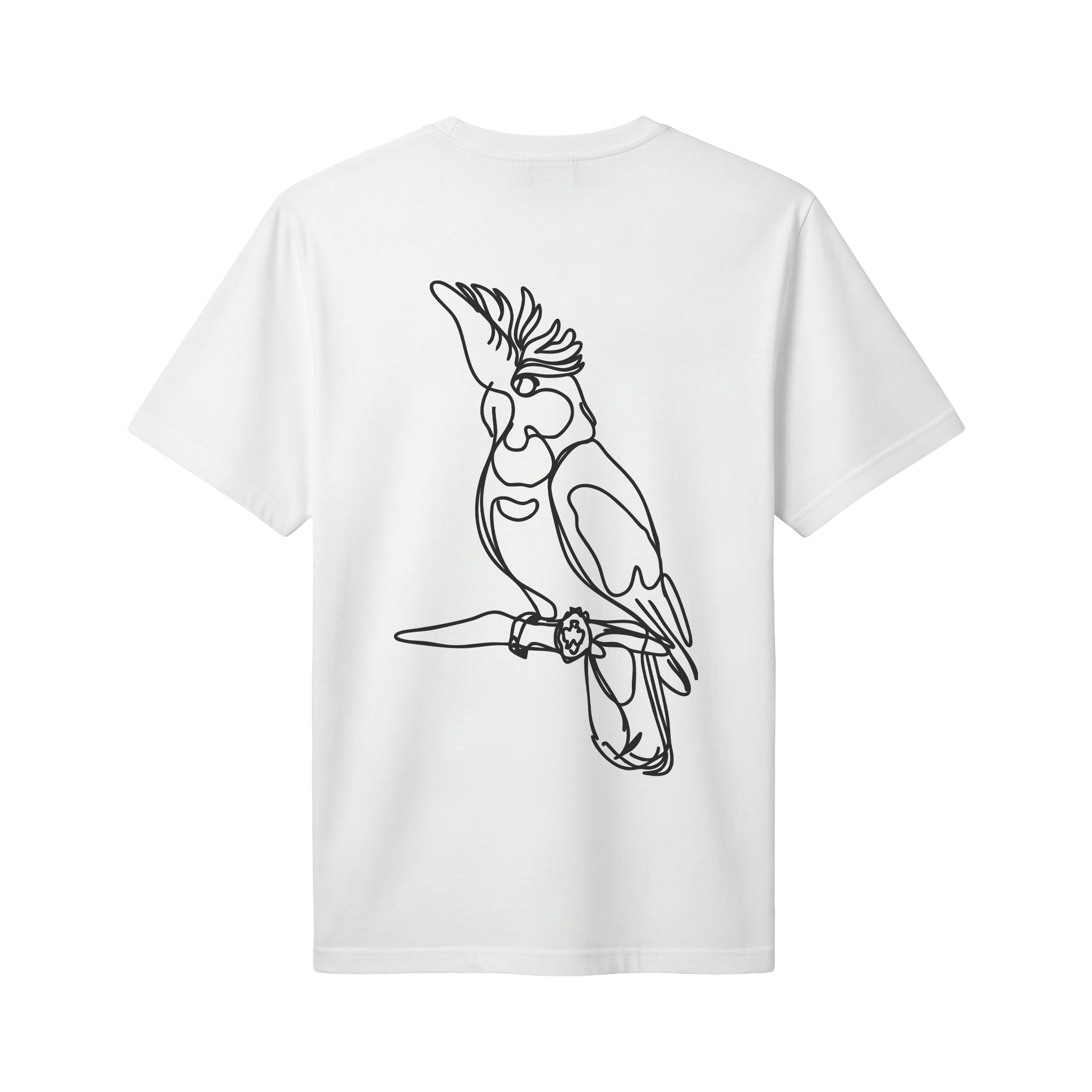 a white t-shirt with a drawing of a parrot